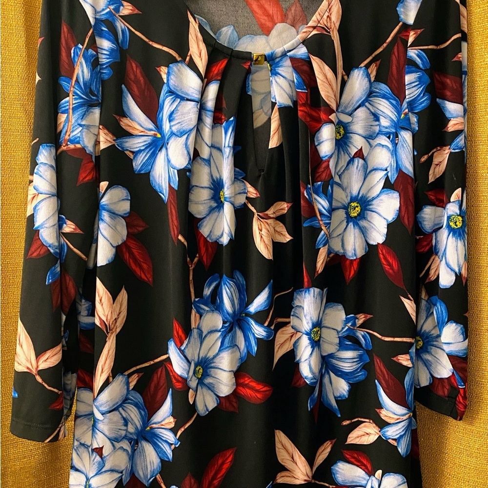 Liz Claiborne Black Blouse with Blue and Red Floral Design